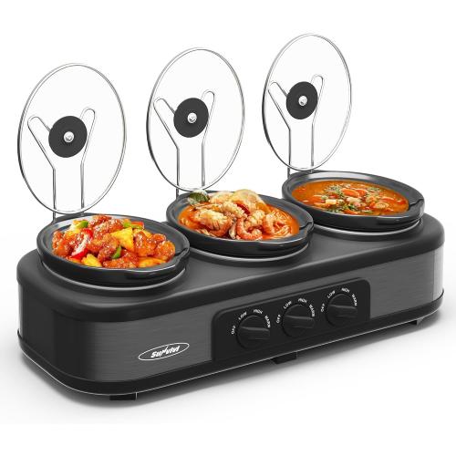 Sunvivi Triple Slow Cooker, Buffet Food Warmer with 3 * 1.5 Quarts Removable Ceramic Pots, Buffet Servers and Warmers with Glass Lids and 3 Spoons, Stainless Steel, Grey