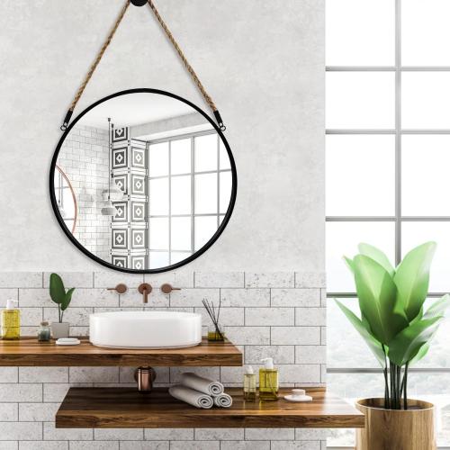 POZINO Round Hanging Mirror, 20 Rope Wall Mirrors Decorative, Black Metal Frame Circle Mirrors, Farmhouse Wall Mounted Mirrors for Bathroom, Bedroom, Living Room, Entryway, Home Decor