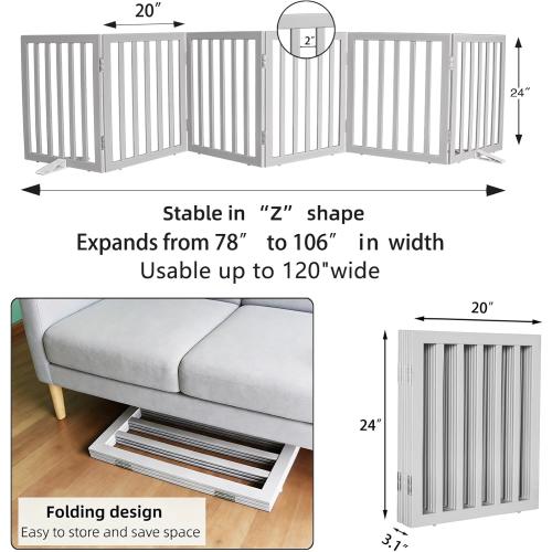 ZJSF Freestanding Indoor Dog Gate for House Foldable Wood Puppy Gate for Doorways Pet Gate for Stairs Extra Wide Pet Fence, Grey, 24 Height 6 Panels