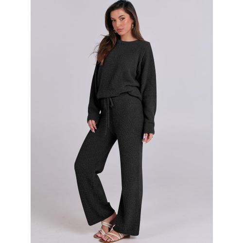 ANRABESS Women's Fuzzy  Pajama Sets 2 Piece Outfits Long Sleeve Top Wide Leg Pants Lounge Matching Set 2025 Fall Winter size XS