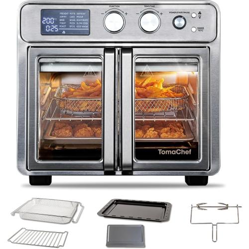 TomaChef 26QT French Door Air Fryer Oven Combo, 15-in-1 | 15 Cooking Functions and Digital Controls, 30 Recipes & 5 Accessories, Stainless Steel Finish