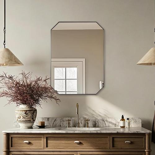 ANDY STAR Brushed Nickel Octagon Bathroom Mirror, 22x30 Inch Stainless Steel Metal Frame, Anti-Rust, Shatterproof HD Glass, Wall Mounted for Bathroom, Bedroom, Living Room