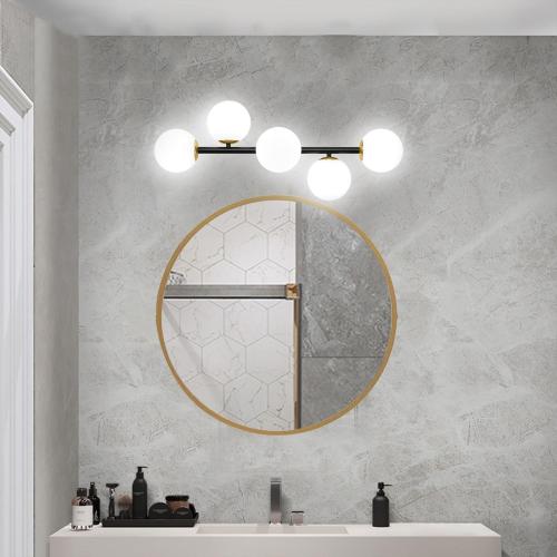 Mid Century Modern Bathroom Vanity Lights, 5-Light Bathroom Light Fixtures Black and Gold Bathroom Lights Semi-Flush Mount Ceiling Light, Wall Sconces Wall Light with Globe Frosted Milk Glass, G9 Base
