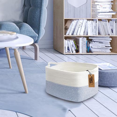 COMFY-HOMI Cotton Rope Woven Basket with Handles for shelf，Toy, Book, Cloth Storage Basket for Organizing-13.5X11X9.5 Storage Bin for Living Room, Newborn or Infant Gift for boy girl （White/blue）