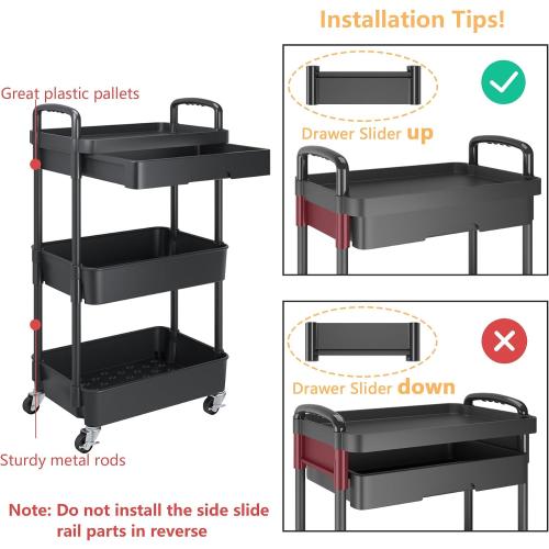 Black Calmootey 3-Tier Rolling Utility Cart with Drawer,Multifunctional Storage Organizer with Plastic Shelf & Metal Wheels,Storage Cart for Kitchen,Bathroom,Living Room,Office,Black