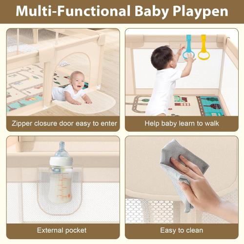 Baby Playpen with Mat 79x71inch - Extra Large Play Pen for Babies and Toddlers Indoor & Outdoor Baby Playard with Soft Breathable Mesh Cover - Sturdy Foam Infant Gate Playpen(Apricot)