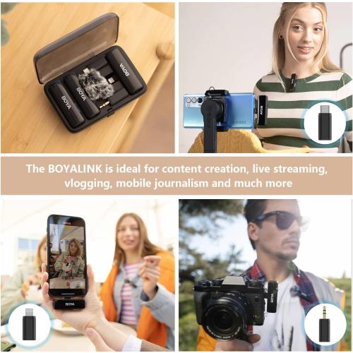 BOYA BOYALINK All-in-One Wireless Lavalier Microphone for iPhone Android DSLR Camera with Charging case, Noise Canceling, 2.4G Dual Channel Lapel Microphone System USB-C for Video Recording Vlogging