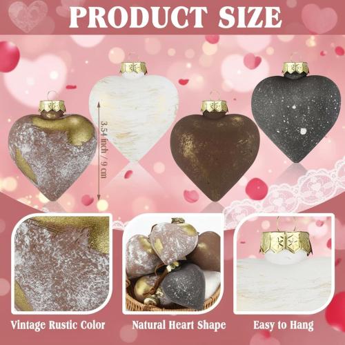 12 Pcs Neutral Valentine's Day Heart Ornaments 3.54 Inch Rustic Plastic Brown Heart Ornament Shatterproof Farmhouse Primitive Antique Modern Valentines Day Decor for Christmas Tree Home Decor