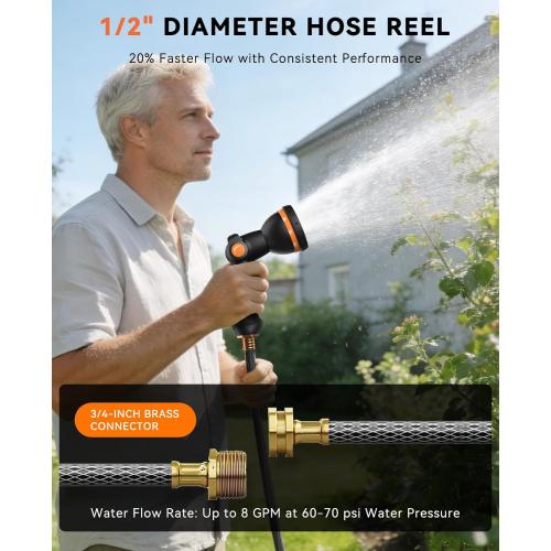 SUNPOW Retractable Garden Hose Reel - 1/2 x 100ft Wall Mounted Hose Reel with 3/4'' Brass Fitting & 10-Pattern Nozzle - Auto Slow Retraction, Any-Length Lock, 180°Swivel for Lawn & Gardening