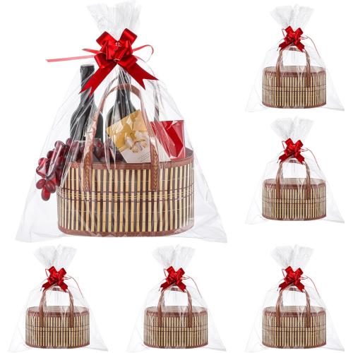 Tioncy 6 Set Baskets for Gifts Empty Bulk Large Woven Bamboo Gift Basket Kit with Handles, Clear Cellophane Wrap Baskets for Valentine's Day, Baby Shower, Birthday Party Gift Bags(Yellow)