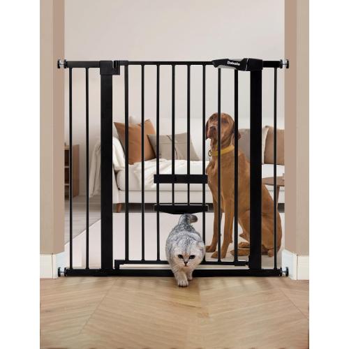 Babelio 36 Inch Extra Tall Baby Gate with Cat Door, 29.5-40 Metal Pet Door for Stairs, Doorways, House, Auto Close, Easy Walk Thru, Black