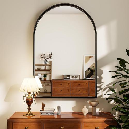 24 x 36 Luxury Arched Bathroom Mirror - Arch Wall Mirror with Shatterproof Tempered Glass and Metal Deep Frame, Hanging or Leaning for Living Room, Dresser, Entrance and Hallway, Black
