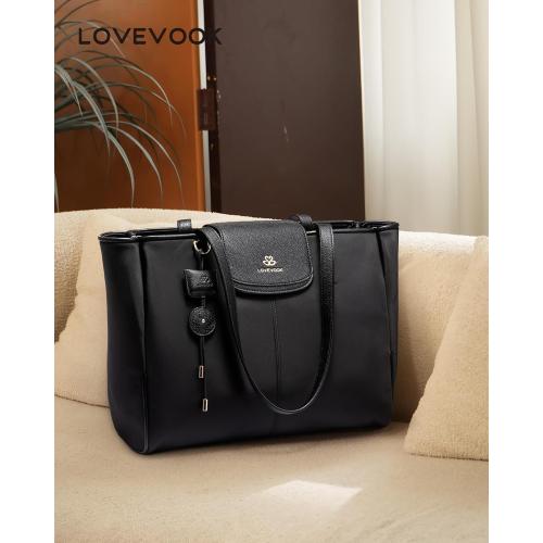 LOVEVOOK Laptop Tote Bag for Women,Nylon Work Totes with 15.6 Inch Laptop Compartments, Lightweight Computer Purse with Large Cup Holder,Travel Tote with Luggage Straps***Black