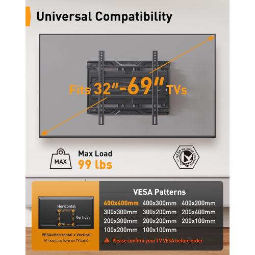 Perlegear Full Motion TV Mount for 32-69 Inch TVs up to 99 lbs, Max VESA 400x400mm, Fits 16”/12” Wood Studs, Height Adjustable Pre-Assembled TV Wall Mount, Tool-Free Tilt, Swivel & Extension, PGMF21.