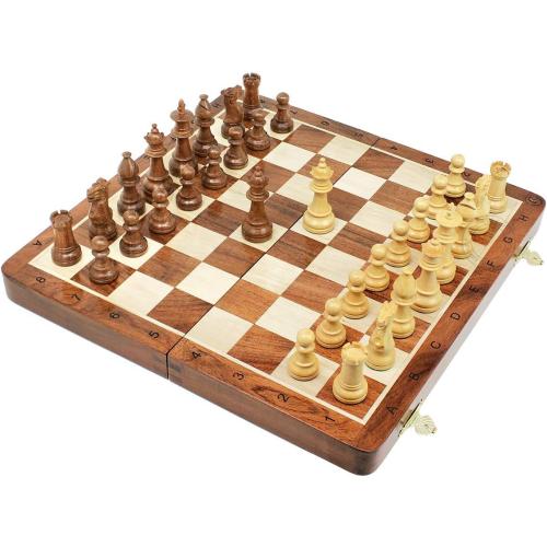 House of Chess - Victorian Staunton Golden Acacia Wood Chess Set - 14 x 14 Inches Wooden Folding Chess Board with Algebraic Notation - Wooden Chess Pieces with King Height 3 Inches   2 Extra Queens
