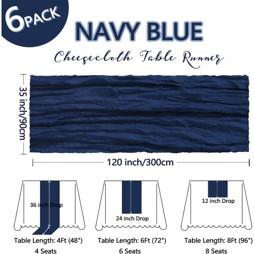 6 Pack Size 35x120 Color Blue Navy Blue Cheesecloth Table Runner 10Ft Gauze Cheese Cloth Table Runner 35x120 Inch Boho Sheer Rustic Fabric for 4th of July Party Decor Baby Shower Wedding Centerpiece Home Table Decorations
