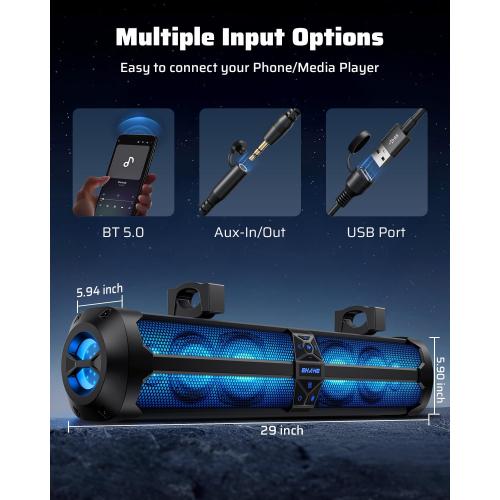 Ehaho Rumble-X Series UTV Sound Bar, 8-Speaker Metal ATV Soundbar BT w/Broadcast Party Mode & Music Sync Multicolor, 29 Golf Cart Sound Bar Compatible with Polaris RZR Can-Am, for 1- 2 Roll Cage