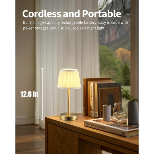 PUSU Cordless LED Gold Table Lamps, Rechargeable 4000mAh 3 Way Dimmable Bedside Small Lamp with Fabric Shade, Lighting for Bedroom, Kids Room, Bathroom, Kitchen, Decor, Gift, Night Light