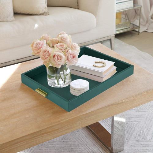 HofferRuffer Extra Large Serving Tray with Handles, Elegant Faux Leather Storage Decorative Tray for Coffee Table, Ottoman, Console Table (Green Tray Golden Handle)