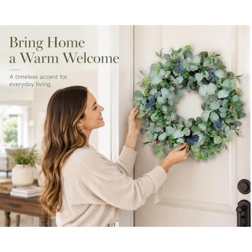 24 Inch Eucalyptus Wreath with Olive Leaves and Berries | Handmade, Waterproof, Rattan base, Lush, Artificial, for Home Outdoor Indoor Farmhouse, All Seasons