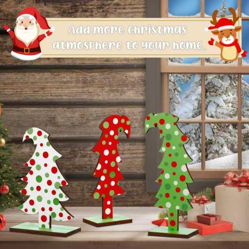 3 Pcs Wood Christmas Tree Tabletop, Lime Green Bendable Mini Christmas Tree Small Decor Farmhouse Standing with Base for Home Office Tabletop Decoration (Polka dot)