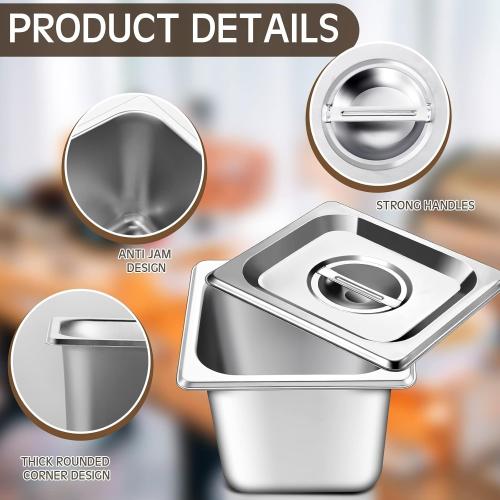 Baderke 4 Pack 1/6 Size Hotel Steam Table Pans with Lids, 6 Inch Deep 0.7 mm Thick 304 Stainless Steel Hotel Pans for Food Warmer, Cooking, Catering, Buffet and Commercial Kitchen Use