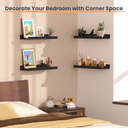 Floating Shelves for Wall, Wall Shelves for Decor Storage Set of 6, Wall Mounted Wood Shelf for Bedroom, Living Room, Bathroom, Kitchen, Picture Ledge Shelf, Black