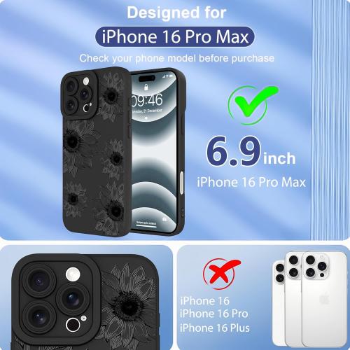 Black Flower for 16Pro Max OOK Floral Case for iPhone 16 Pro Max Case, Cute Sunflower Floral Blooms Design Soft TPU Shockproof Protective for Women Girls Phone Cover - Black Flower