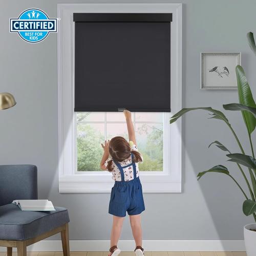 Persilux Cordless Blackout Roller Shades with Valance, Thermal Insulated Fabric Window Blinds, Free-Stop Shades for Home, Door and Bedroom (Black, 34.5W x 72H)