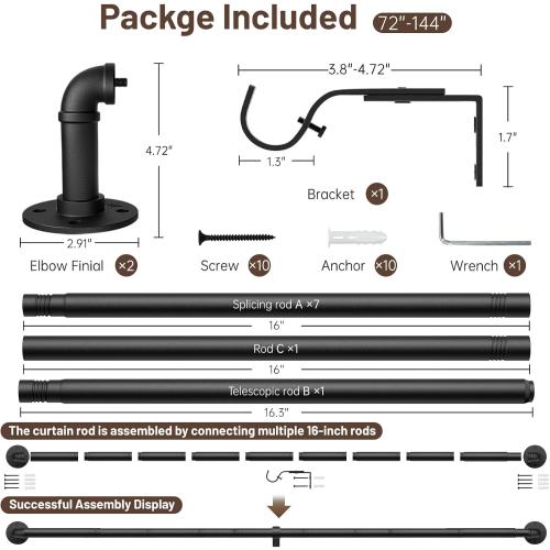 Zeerobee Curtain Rods for Windows 72 to 144, 1 Inch Industrial Wrap Around Black Curtain Rod, Indoor/Outdoor Room Divider Adjustable Drapery Pole, 72-144
