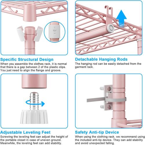 Ulif E10 Clothes Rack（With Stretchable Hanger Rod）Freestanding Clothing Racks for Hanging Clothes，Adjustable Closet Organizer System，Portable Garment Rack 73-97W x 15 D x 72 H，Max Load 800LBS，Pink