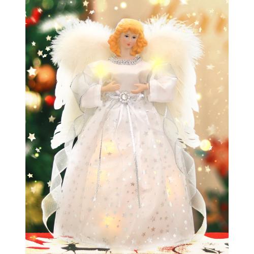Angel Christmas Tree Topper, 12.6 White Angel Treetopper, 10-Light Angel Tree Topper with Wings, Indoor Christmas Decors, Xmas Home Ornaments (White)