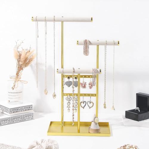 Coward 3 Tier Necklace Bracelet Earring Holder Stand, Jewelry Display Organizer with Tray, Velvet T-Bar Necklace Organizer Stand, Multi-use Metal Jewelry Holder Rack for Men Women (Gold)