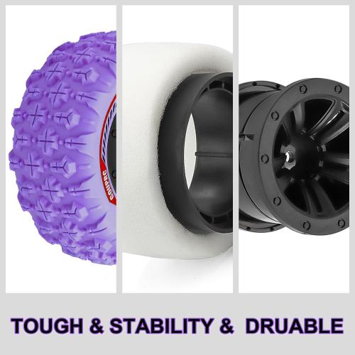 GOUPRC 12mm Hex RC Wheel Tires Set, 3.26 * 1.67 Inches 4PCS Swamp Claw Mud Terrain Tires Accessories for 1/14 1/16 RC Car Crawler Buggy Truck Purple