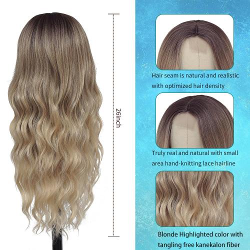 Size 26 Color dirty blond Long Ombre Blonde Wigs for Women 26 inch Long Wavy Middle Part Wig Ombre Blonde Wigs Upgraded Protein Fiber Hair Replacement Wig Cosplay Costume Halloween Wig(26'' Brown Ombre Blonde)