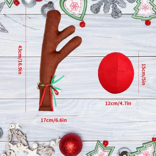 Christmas Car Decoration Plush Rudolf Reindeer Car Antler and Red Nose Set with Jingle Bells, Reindeer Antlers for Cars