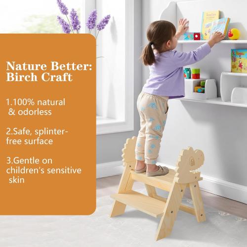 Wooden Toddler Step Stool, 2-Step Foldable Stool for Kids with Non-Slip Surface, Baby Bathroom Stool for Potty Training, Bathroom Sink, Kitchen Counter with Cute Dinosaur Design, Natural