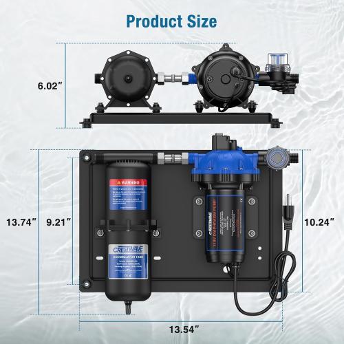 CrestWave RV Water Pump 110V AC 7GPM 70PSI and 1L 125PSI Pre-Pressurized Accumulator Tank, Quiet Water Transfer Pump and Accumulator Tank System for Home Water System, Irrigating & Industrial Settings