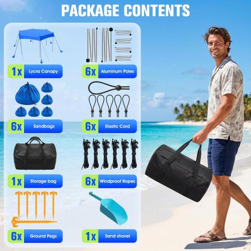 Beach Canopy Tent Sun Shade UPF50  UV Protection,2026 Upgraded Hexagon Beach Shade Canopy with 6 Sandbags & 6 Stability Poles, Outdoor Portable Sun Shelter for Beach, Camping Trips, Fishing, Backyard
