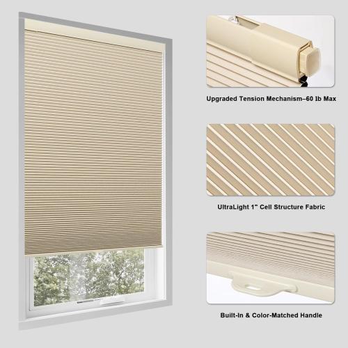 Tonature No Drill Cellular Shades for Indoor Windows, Thermal Insulating & Noise Reducing Honeycomb Blinds, Free Stop Cordless Blackout Shades, Beige, 34 W x 64 H