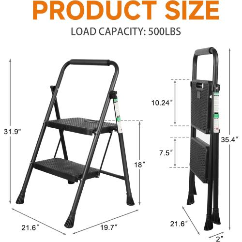 Size 2 Step Ladder color Black , Protable Steel Folding Stool with Wide Anti-Slip Pedal, 500lbs Sturdy Steel Ladder, Black