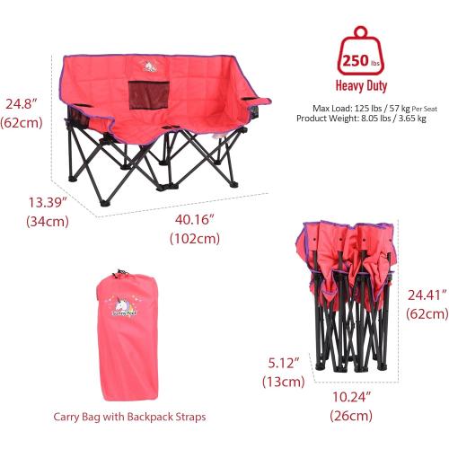 SUNNYFEEL Kids Folding Double Camping Chair, Portable Kids Camping Chairs 2 Seat Chair, Pink Padded Foldable Lawn Chairs with Cup Holder for Beach/Outdoor/Travel/Picnic, Foldable Camp Chairs 2 Person