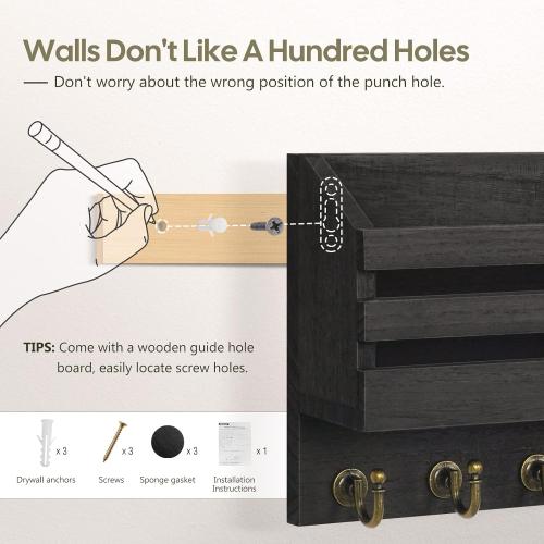 FifthQuarter Key and Mail Holder for Wall, Mail Organizer Wall Mount with 6 Hooks and Storage Drawer, Easy Installation Key Rack for Entryway and Home Decor (A-Black)