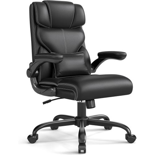 Executive Office Chair with Flip-up Armrests,Ergonomic Computer Desk Chairs,Mid-Tall Back Leather Office Chair,Lumbar Support Swivel PC Chair with Rocking Function