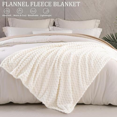 Exclusivo Mezcla Extra Large Fleece Throw Blanket for Couch, 50x70 Inches Stylish Jacquard Soft Throw Blanket, Fuzzy Cozy Lightweight for Winter, Ivory