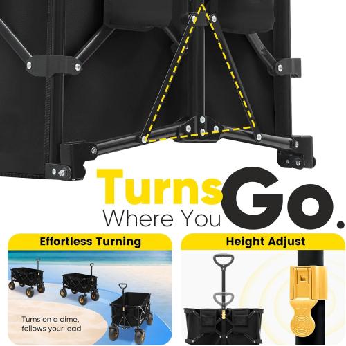Heavy Duty Beach Wagon with 9 Big Sand-Proof Wheels – 440lb Capacity, Sekey 200L Oversized Foldable Cart | Adjustable Handle & All-Terrain Tires for Sand, Camping, Groceries. Black