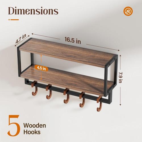Wall Shelf with Hooks, 2 Tier Coat Rack Wall Mount with Shelf for Entryway Farmhouse Living Room, 5 Wooden Decorative Wall Hooks for Hanging Coat Jackets Hats Towel Key (16.5)