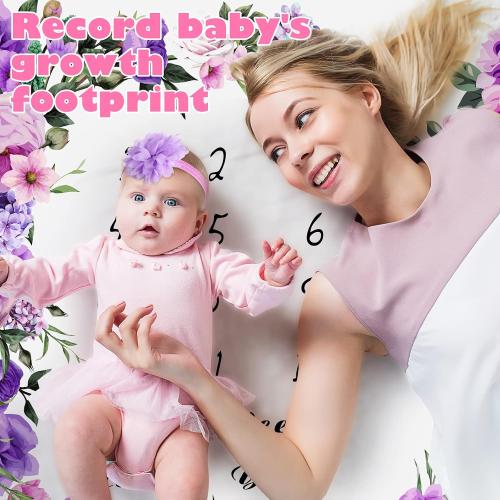Chumia 6 Pcs Baby Monthly Milestone Blanket for Girl 60 x 40 Butterfly Milestone Blanket Age Photo Photography Backdrop with Newborn Calendar Growth Chart Bib Headband(Purple,Floral Pattern)
