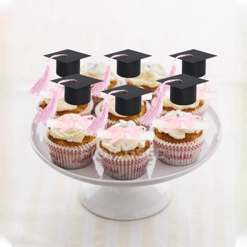 24 PCS 2026 Graduation Cap Cupcake Toppers Pink Tassel Diploma Class of 2026 Congrats Grad Cap Cupcake Picks Mini Cap Chocolate Decorations for 2026 School Graduation Party Cake Decorations Supplies