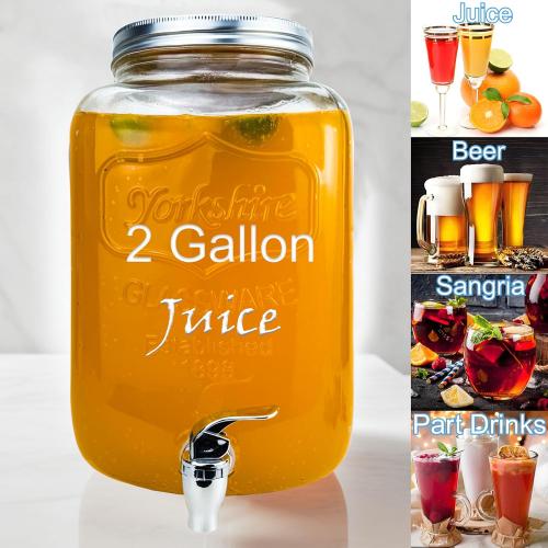 2 Gallon Larger Glass Drink Dispenser for Parties, 2 Packs Juice Lemonade Ice Tea Water Dispenser with Stand, HENABLE Beverage Dispensers with Spigot for BBQ, Picnic, Party